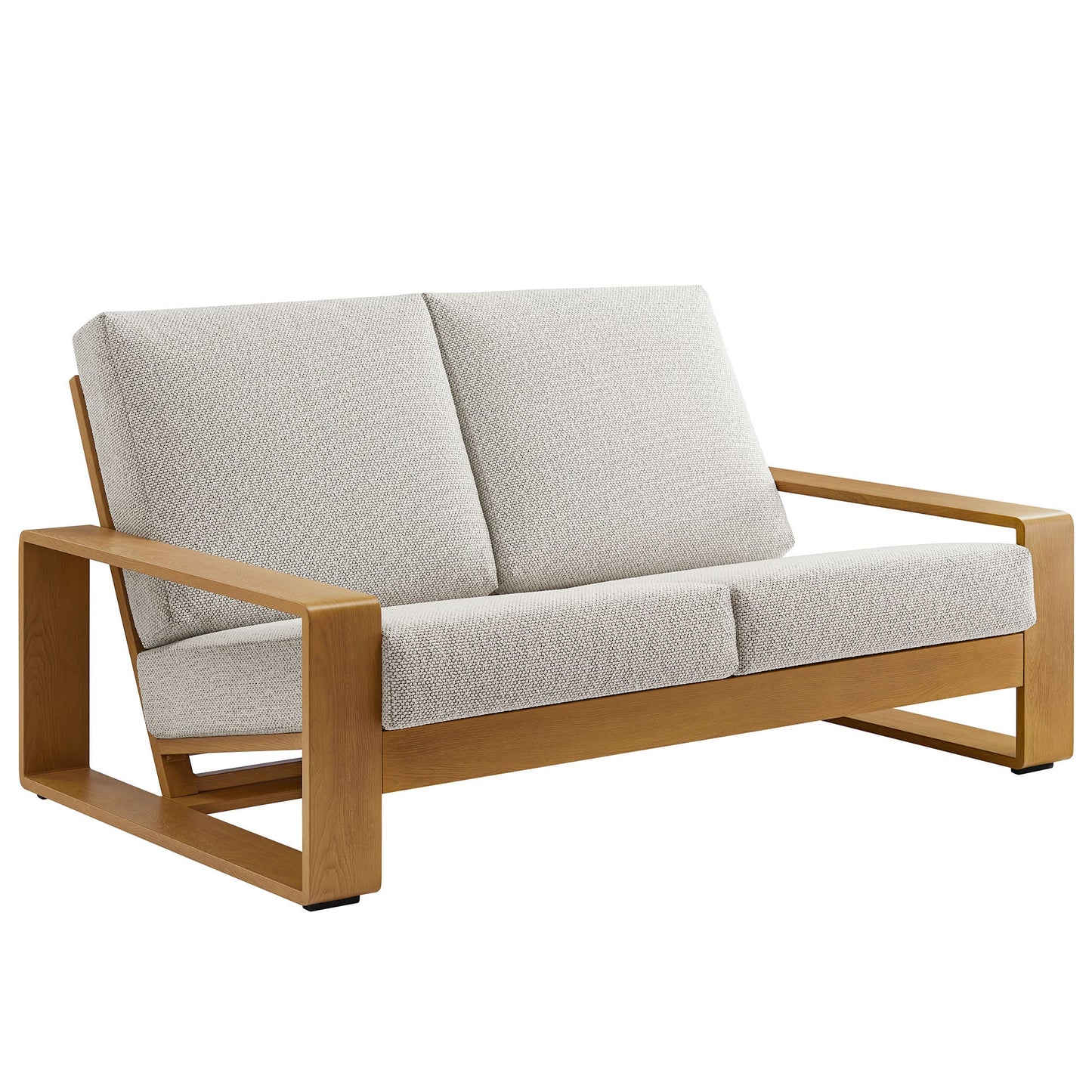 Lirienne outdoor loveseat with beige textured cushions and a warm wood frame on Tampa Home & Garden Store