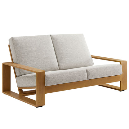 Lirienne outdoor loveseat with beige textured cushions and a warm wood frame on Tampa Home & Garden Store