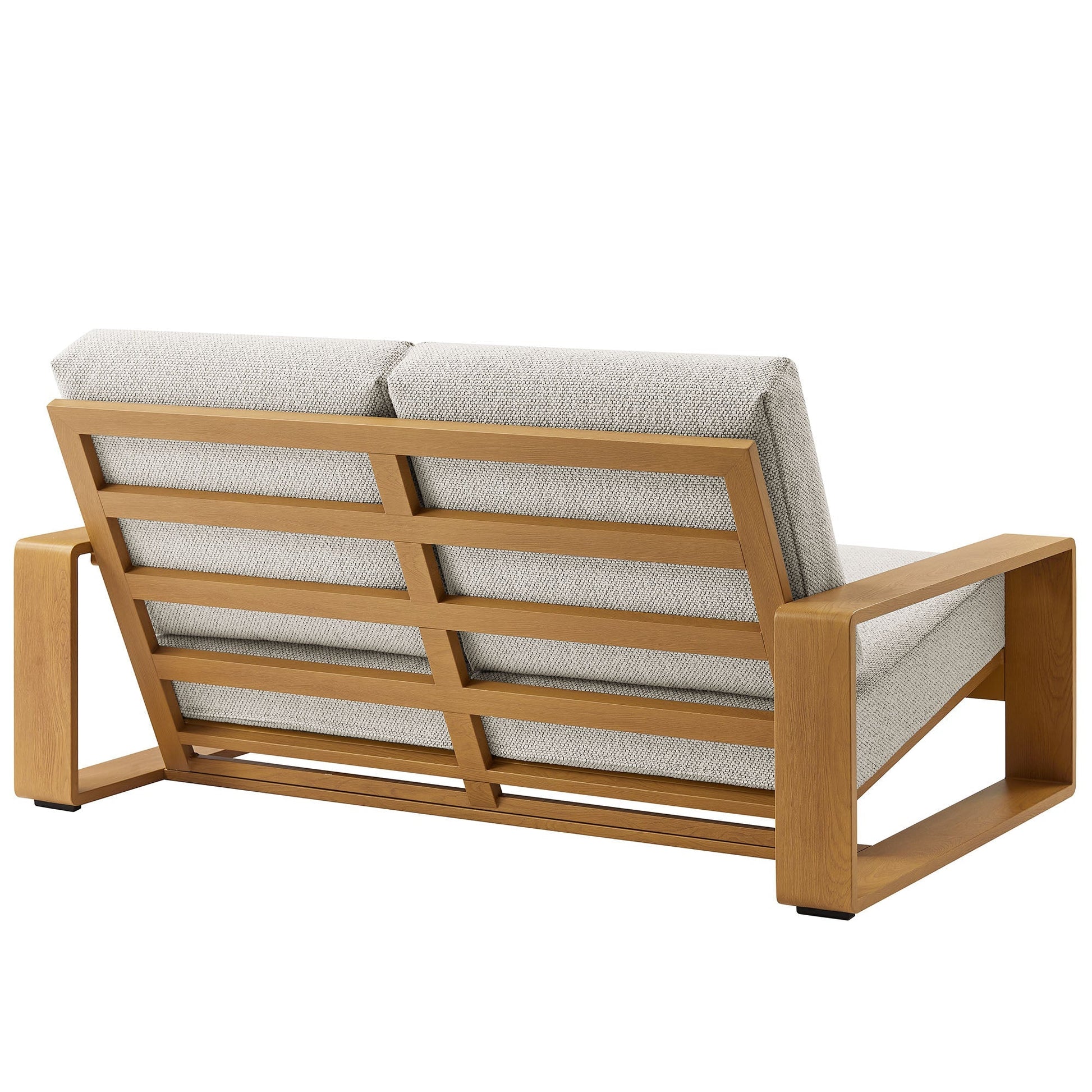 Lirienne outdoor aluminum faux wood loveseat with beige textured cushions and light wood frame on Tampa Home & Garden Store