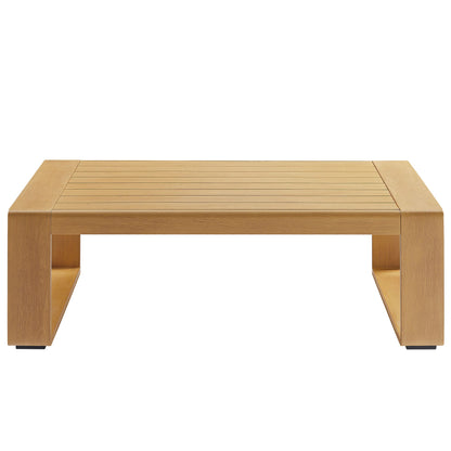 Lirienne outdoor patio aluminum faux wood coffee table by Modway, golden-brown slatted top on Tampa Home & Garden Store
