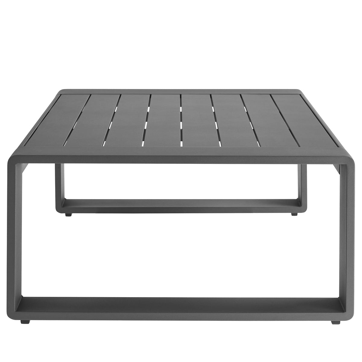 Lirienne outdoor aluminum coffee table with a slatted gray top and rounded rectangular frame on Tampa Home & Garden Store