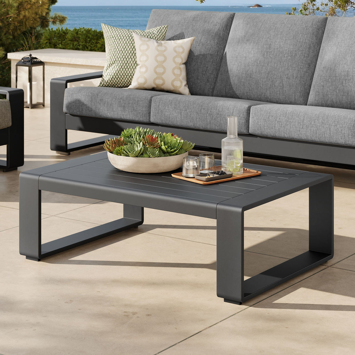 Lirienne Outdoor Patio Aluminum Coffee Table gray with slat top for modern outdoor lounge on Tampa Home & Garden Store