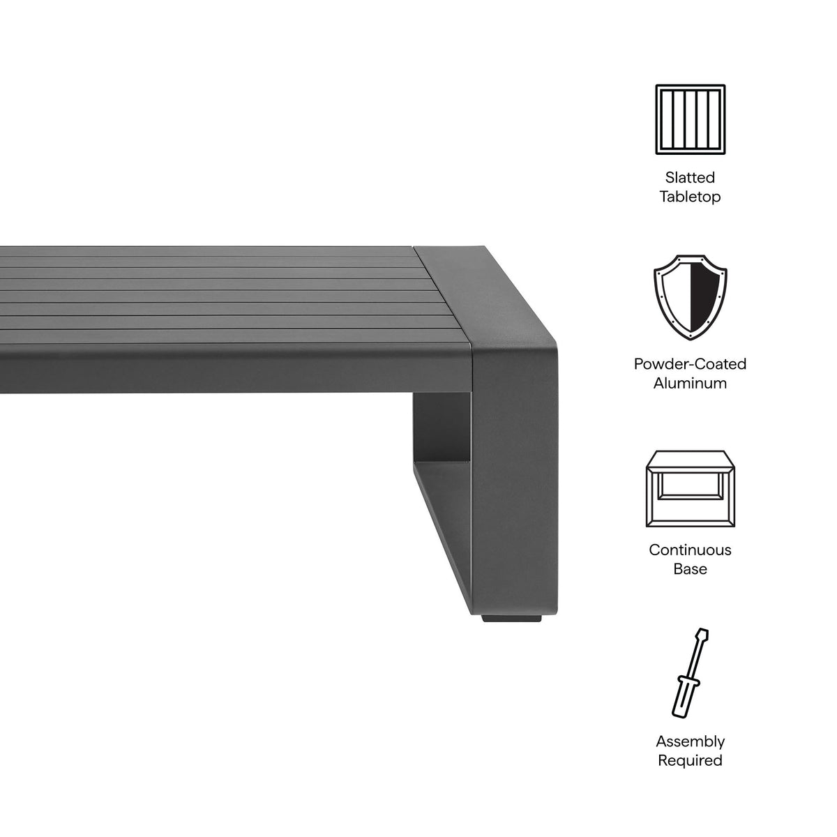 Lirienne outdoor aluminum coffee table with a slatted charcoal tabletop and powder-coated frame on Tampa Home & Garden Store