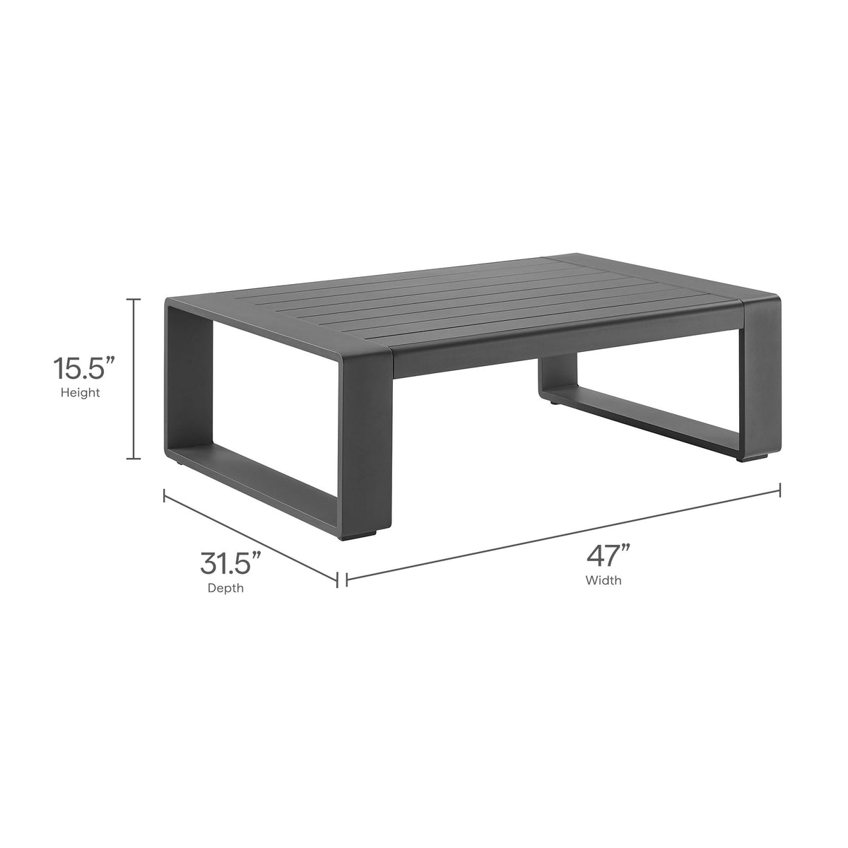 Lirienne outdoor aluminum sofa table in gray with slatted top, 47W x 31.5D x 15.5H on Tampa Home & Garden Store