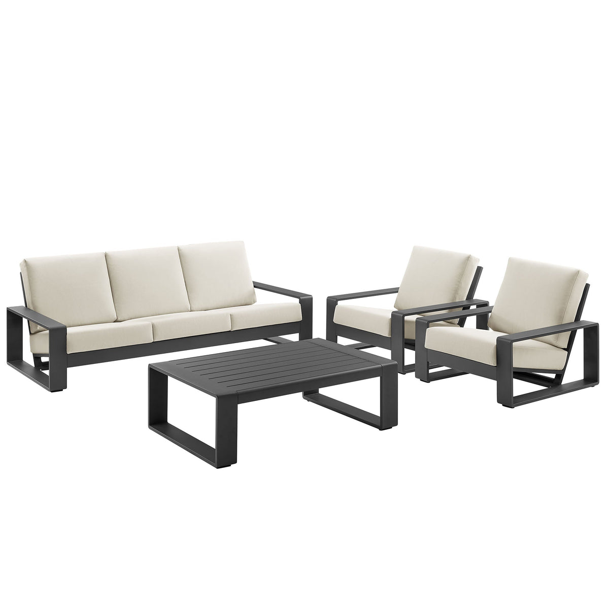 Lirienne 4pc outdoor aluminum set with ivory cushions black frame; sofa, 2 chairs, coffee table on Tampa Home & Garden Store