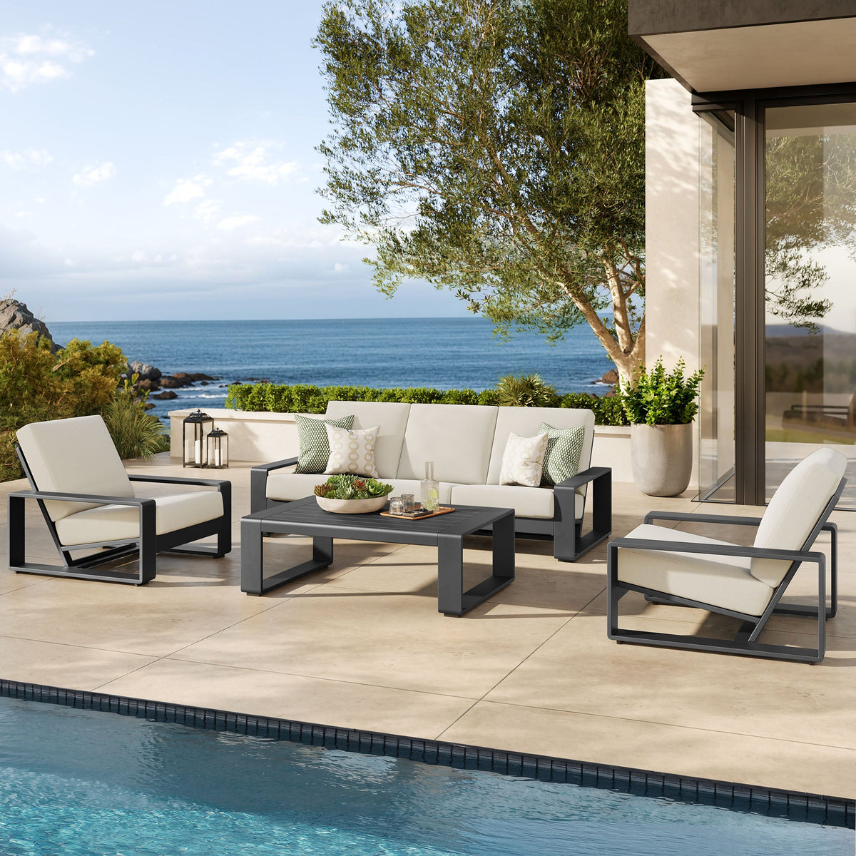 Lirienne 4-Piece Outdoor Aluminum Furniture Set with sofa sections coffee table in dark gray on Tampa Home & Garden Store