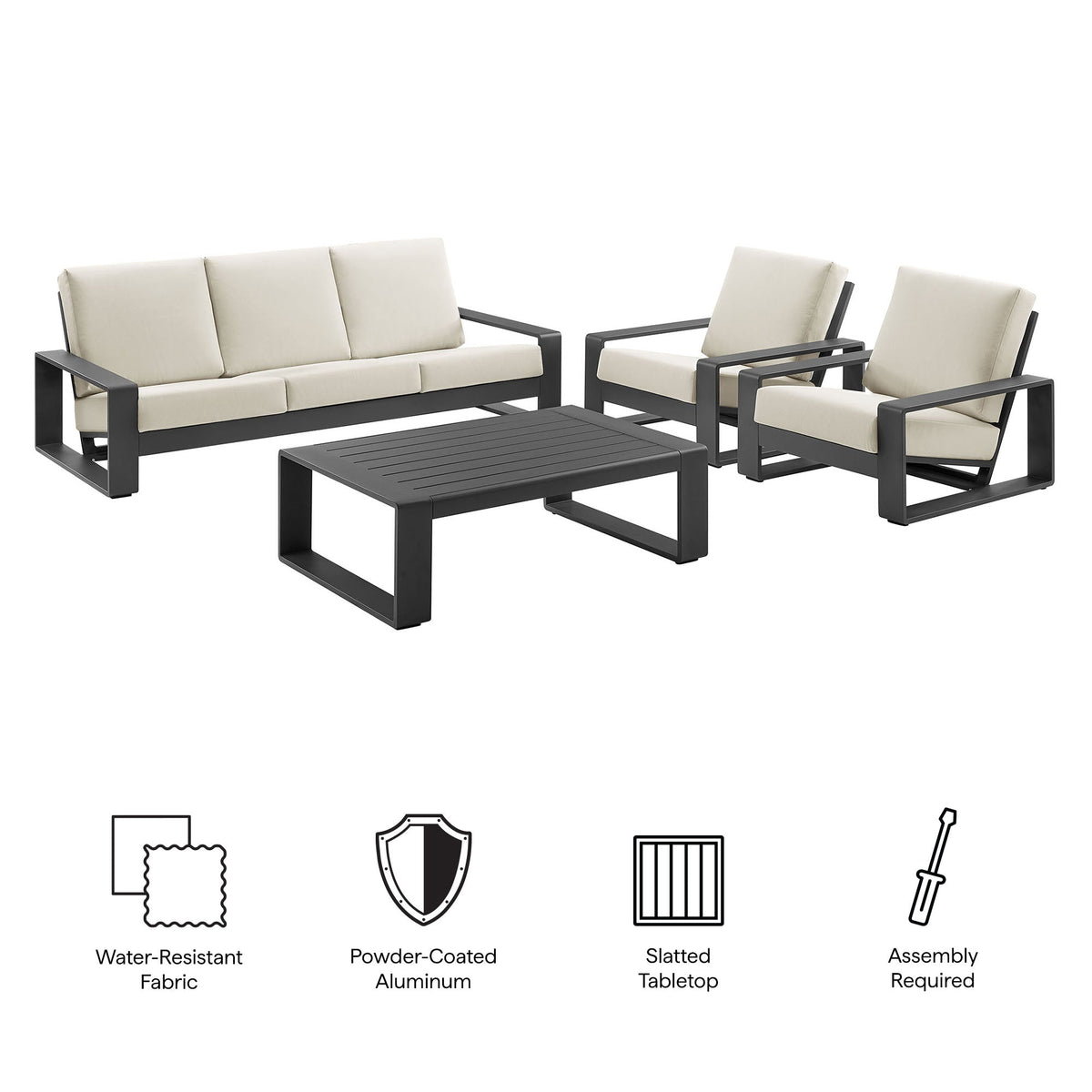 Lirienne 4-Piece outdoor aluminum furniture set; cream cushions; sofa, 2 chairs, coffee table on Tampa Home & Garden Store
