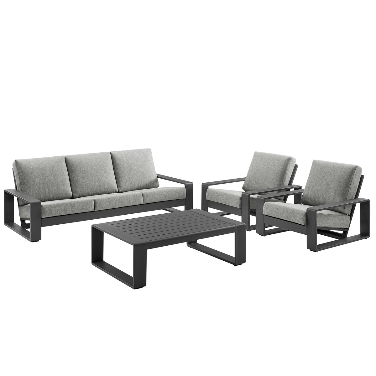 Lirienne 4-Piece outdoor aluminum furniture set with gray cushions sofa and two chairs on Tampa Home & Garden Store