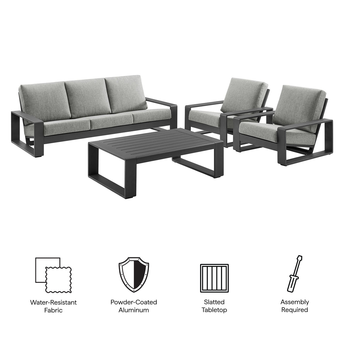 Lirienne 4-Piece Alum. Modway Set; dark gray frame, light gray cushions; sofa, 2 chairs, table on Tampa Home & Garden Store