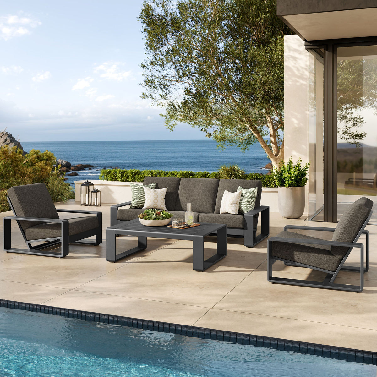 Lirienne 4-Piece Outdoor Patio Aluminum Set with charcoal cushions and gray frames on Tampa Home & Garden Store
