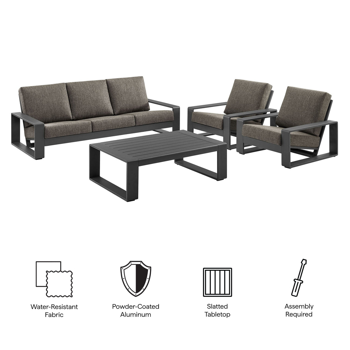 Lirienne 4-Piece outdoor aluminum sofa set with 2 chairs around a coffee table and cushions on Tampa Home & Garden Store