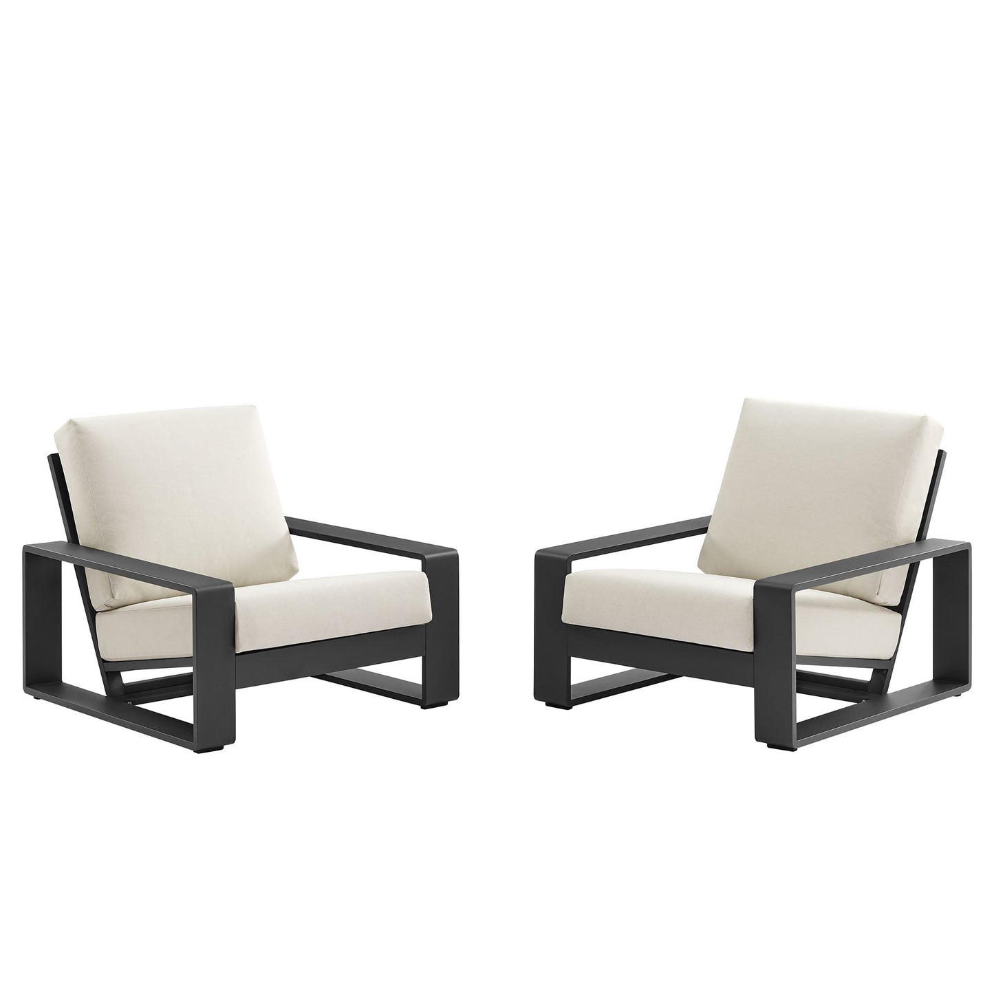 Lirienne outdoor aluminum faux wood armchairs set of 2 with beige cushions and black frame on Tampa Home & Garden Store