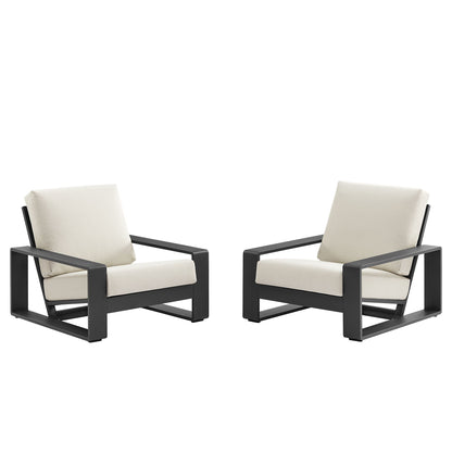 Lirienne outdoor aluminum faux wood armchairs set of 2 with beige cushions and black frame on Tampa Home & Garden Store