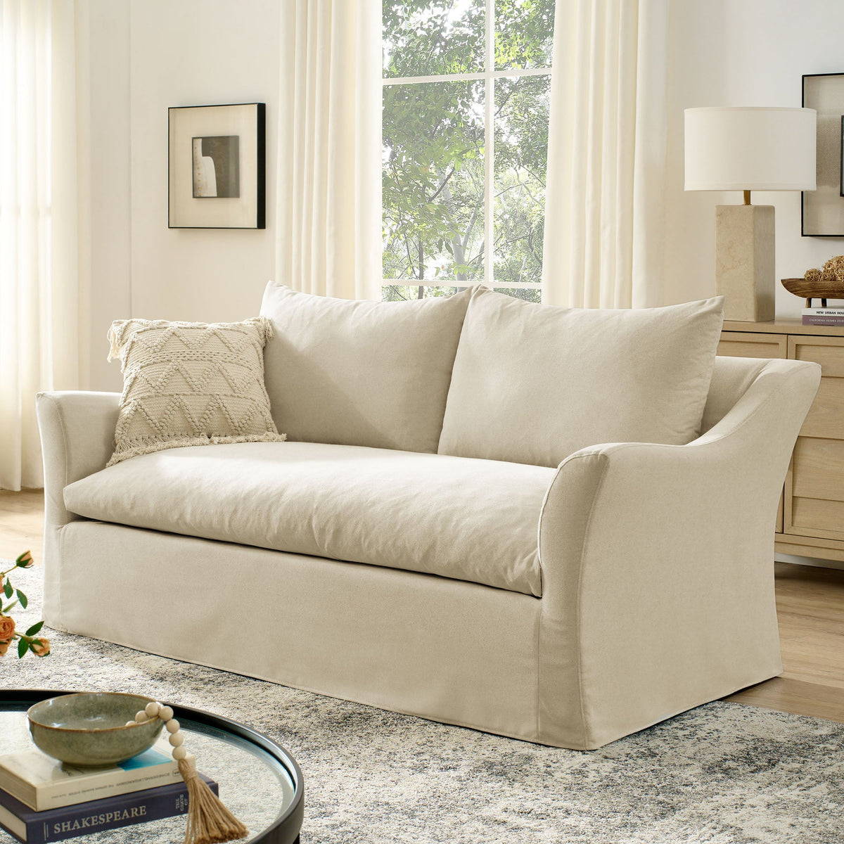 Somerset 70in linen-blend slipcovered loveseat in beige, cozy living room sofa on Tampa Home & Garden Store