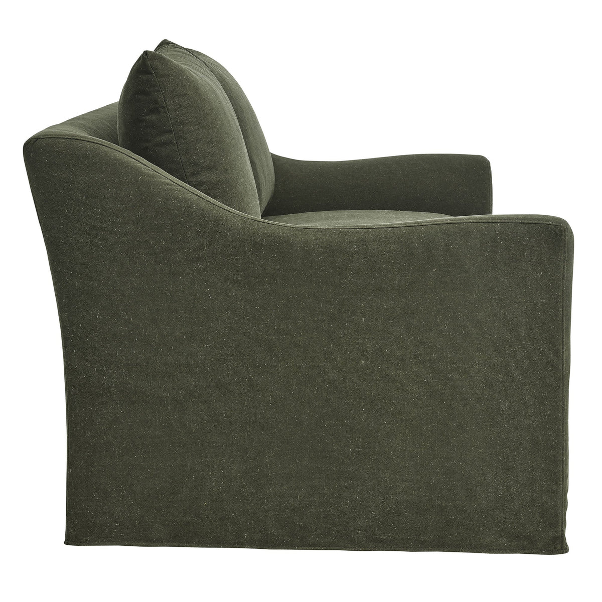 Somerset 70in Linen Blend Slipcovered Loveseat close-up in olive-green fabric with curved arms on Tampa Home & Garden Store