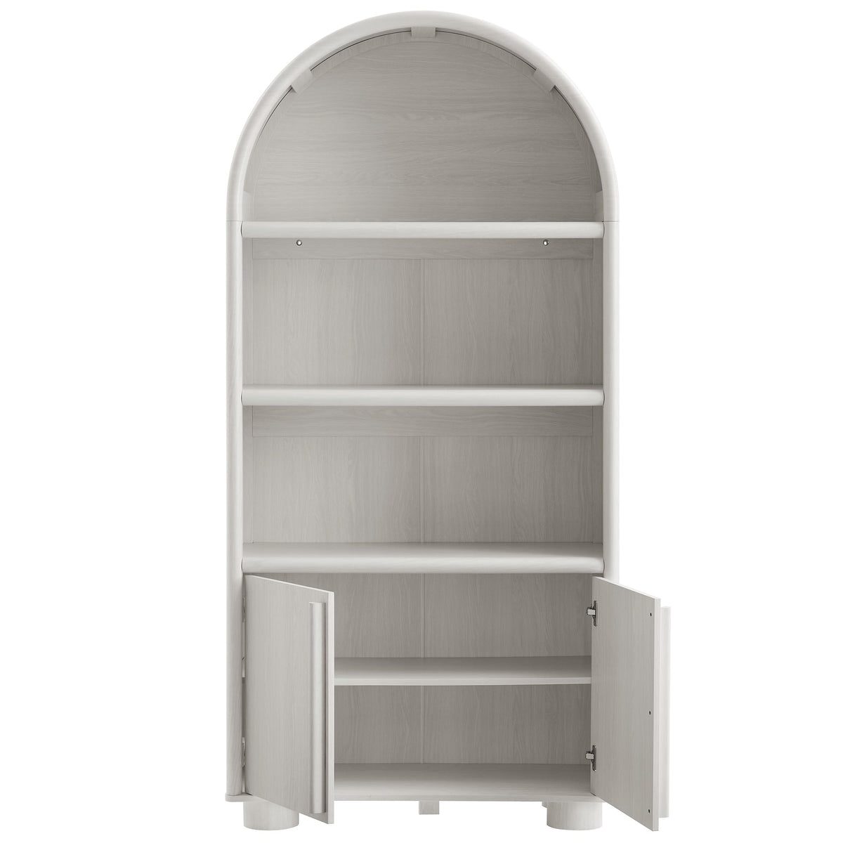 Bellamy tall arched display cabinet bookcase in light gray wood finish with bottom doors on Tampa Home & Garden Store