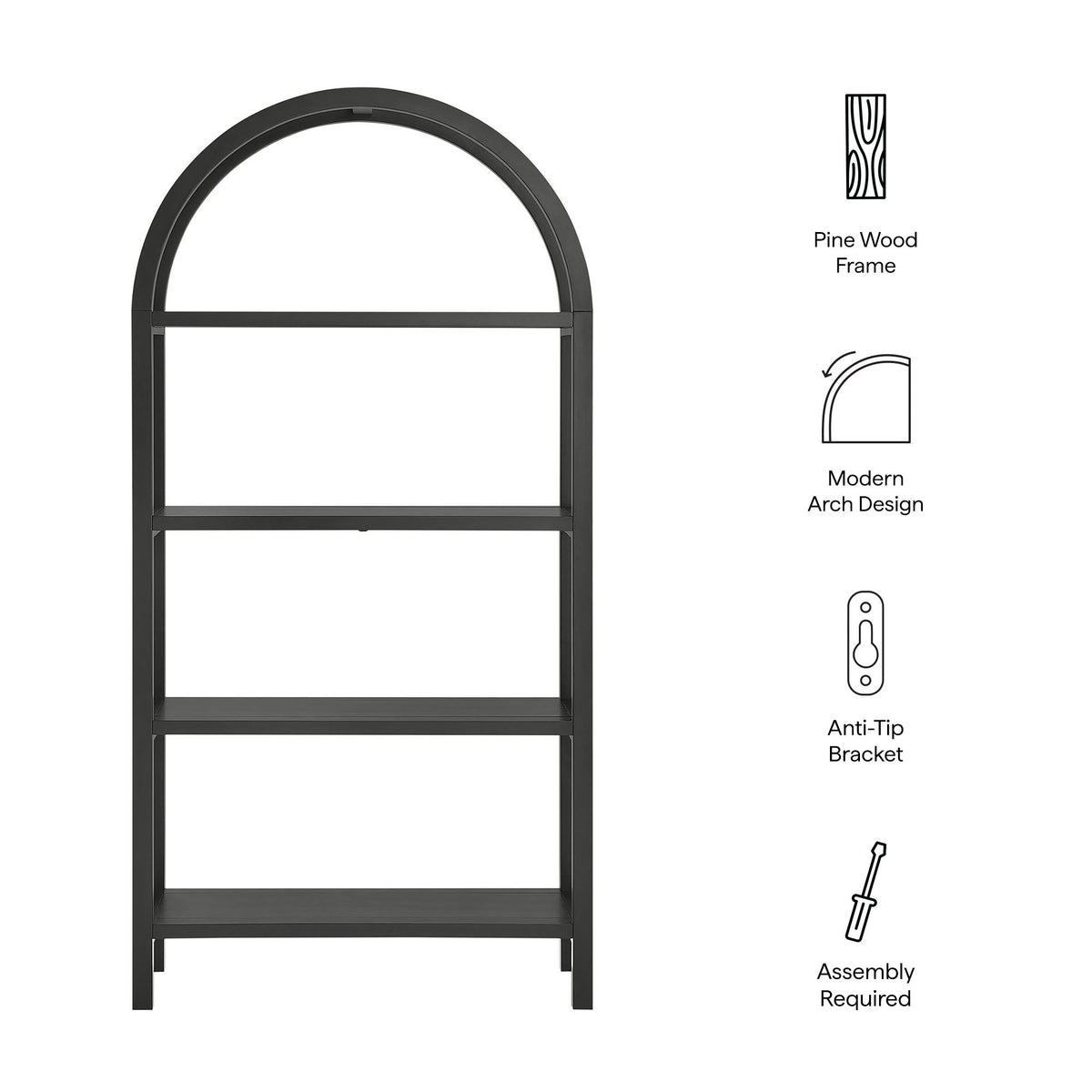 Vexley 72-inch arched bookshelf with pine wood frame in black finish, modern arch design on Tampa Home & Garden Store