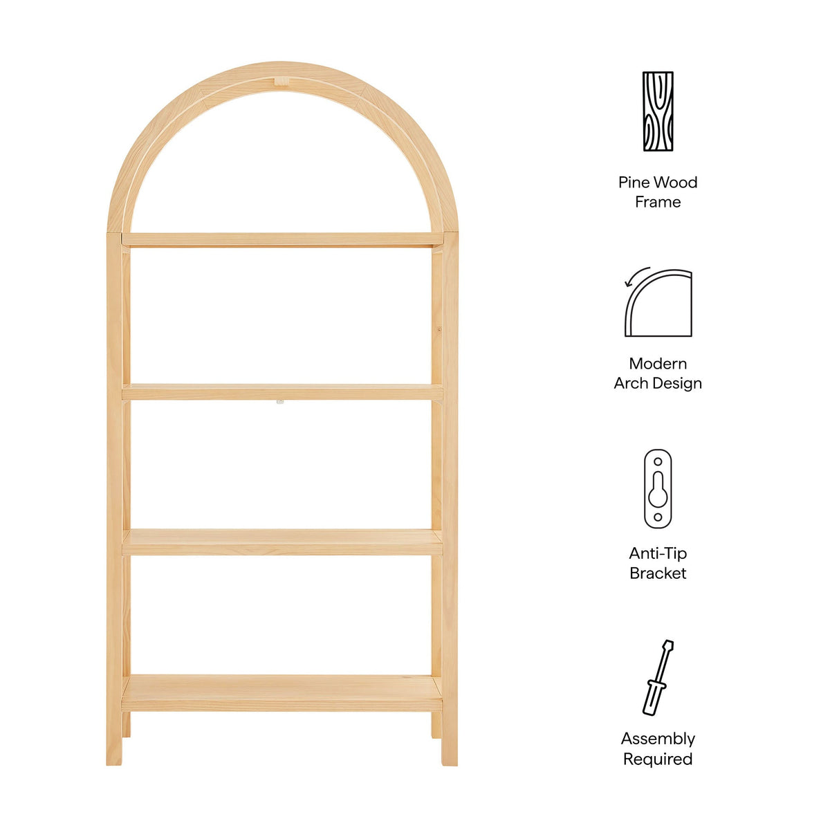 Vexley 72 Inch Large Arched Bookshelf by Modway with natural pine wood frame on Tampa Home & Garden Store