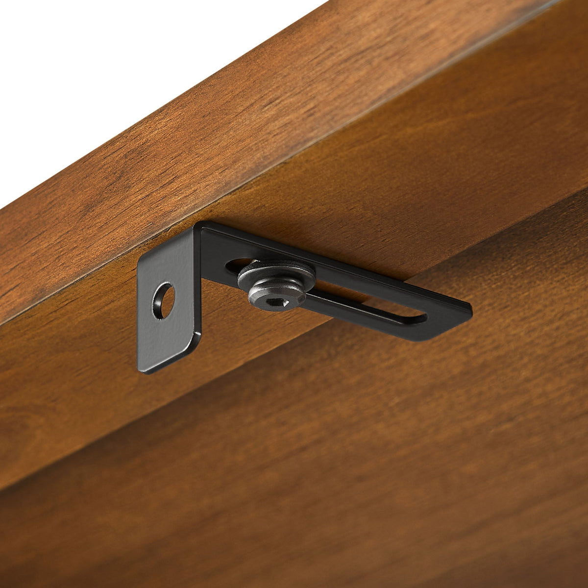 Vexley 72 Inch Large Arched Bookshelf close-up with black metal bracket on warm brown finish on Tampa Home & Garden Store