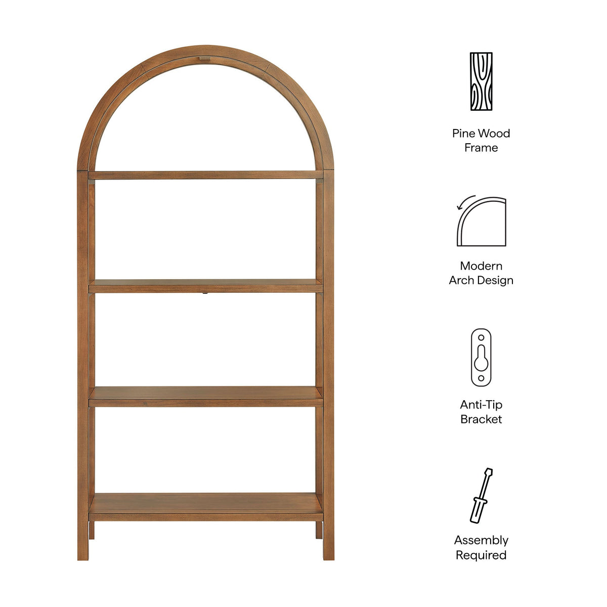 Vexley 72in Large Arched Bookshelf, pine wood frame, natural finish, Modway furniture on Tampa Home & Garden Store