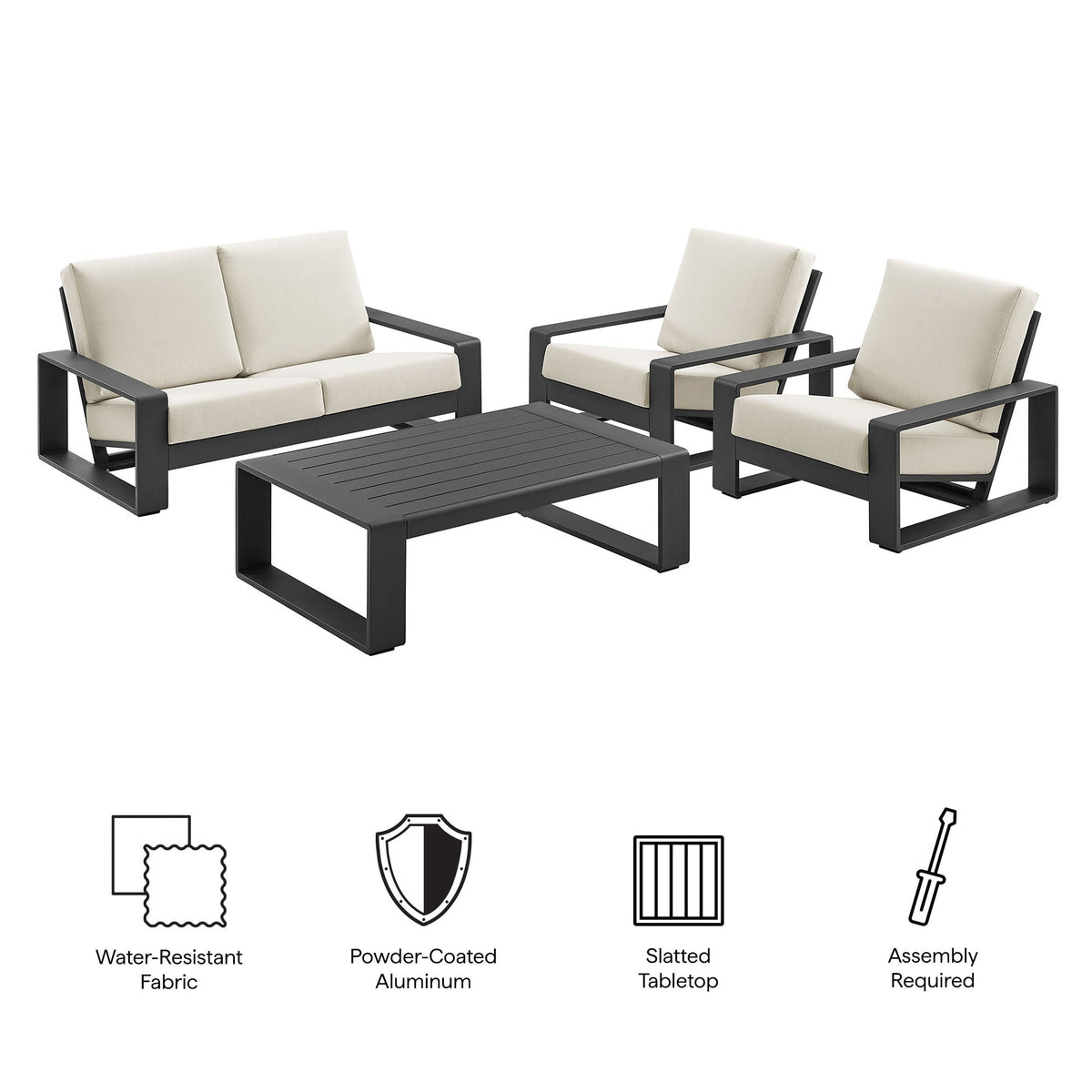 Lirienne 4-Piece aluminum set with cream cushions on black frames; sofa, 2 chairs, table on Tampa Home & Garden Store
