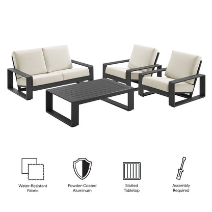 Lirienne 4-Piece aluminum set with cream cushions on black frames; sofa, 2 chairs, table on Tampa Home & Garden Store