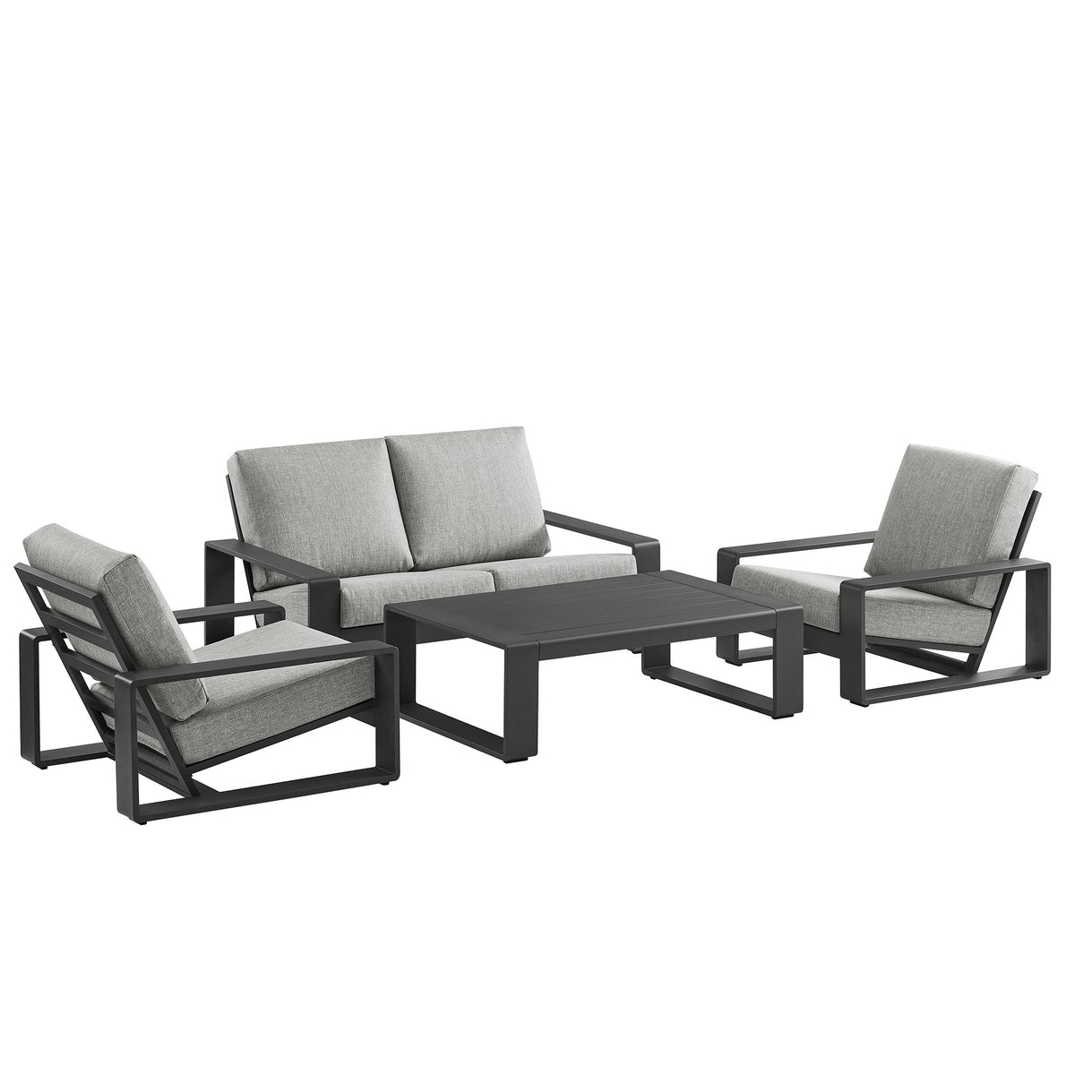 Lirienne 4-Piece outdoor aluminum furniture set with cushions and black frames; chairs and table on Tampa Home & Garden Store