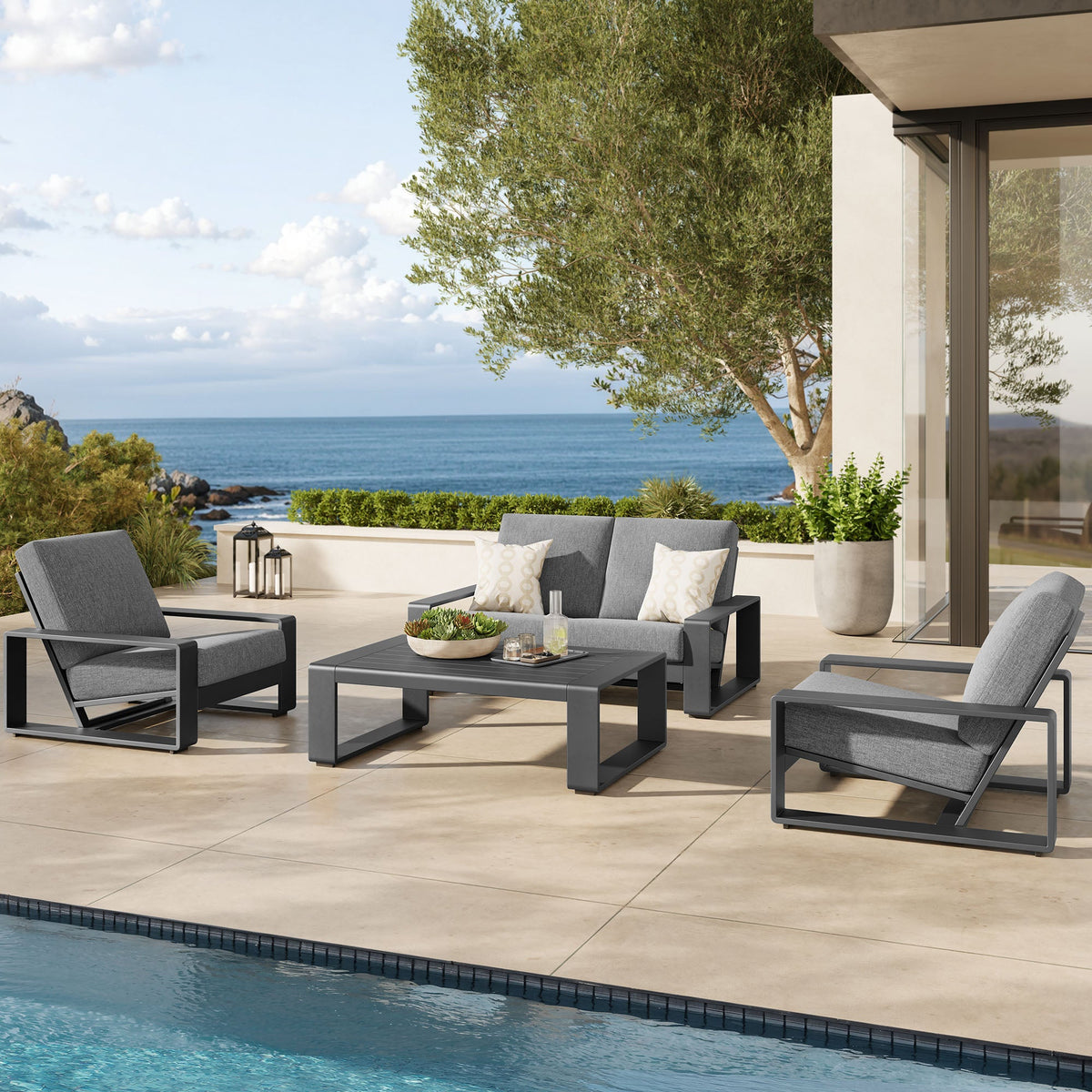 Lirienne 4-Piece Aluminum Outdoor Set, gray sofa sectional with coffee table & lounge chairs on Tampa Home & Garden Store