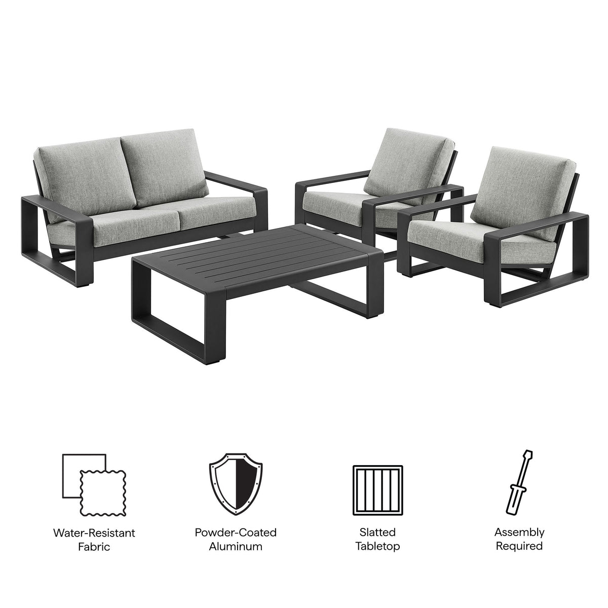 Lirienne 4-Piece Outdoor Aluminum Furniture Set with gray cushions and powder-coated frame on Tampa Home & Garden Store