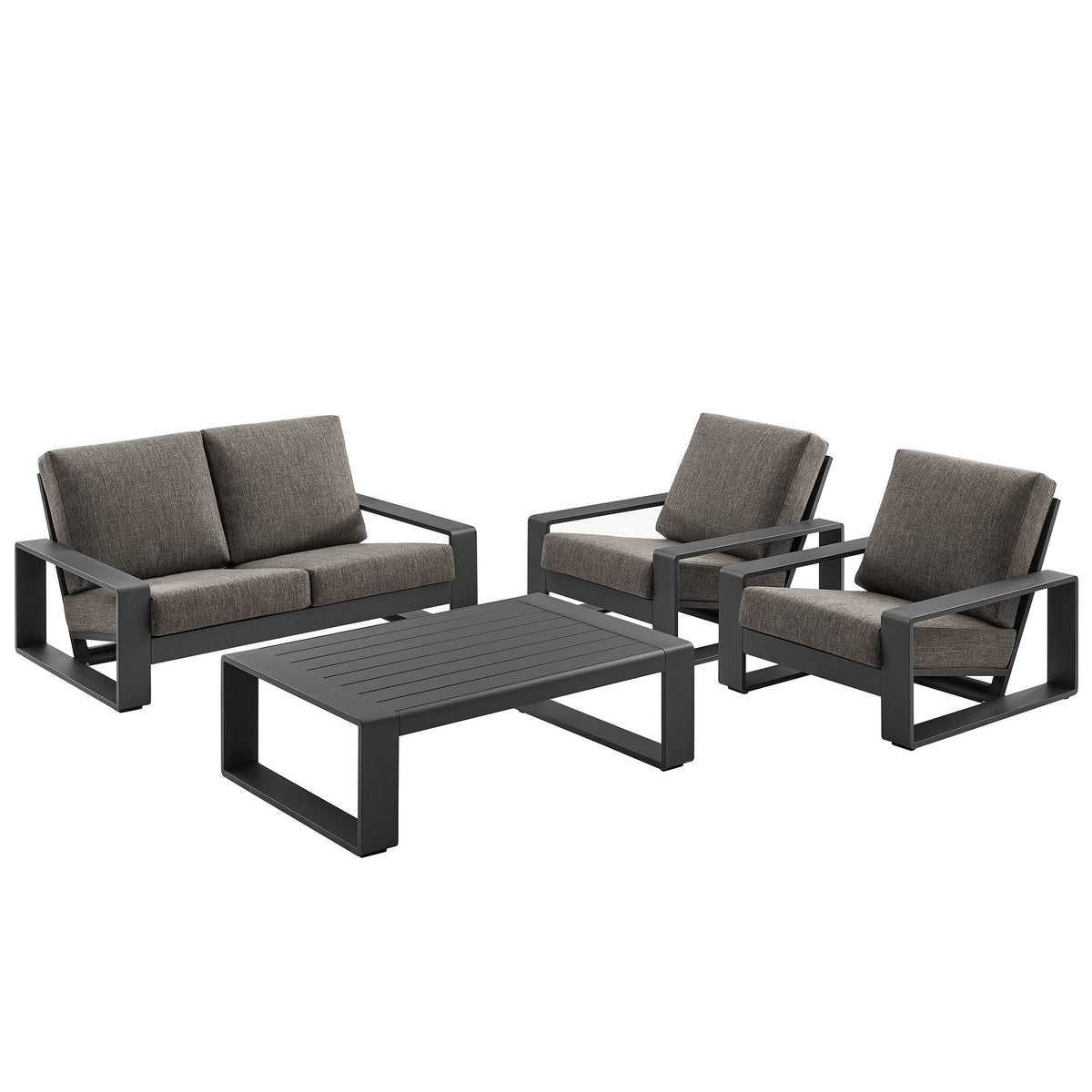 Lirienne 4-Piece aluminum furniture set with black frames and cushions around a table on Tampa Home & Garden Store
