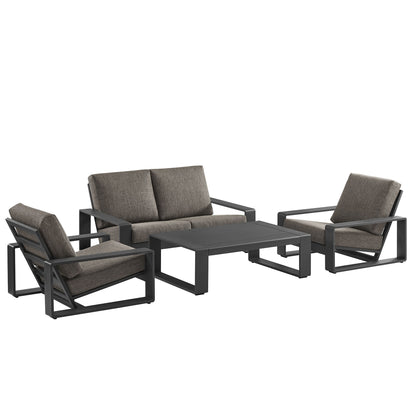 Lirienne 4-piece outdoor aluminum set with dark gray frames and tan cushions; sofa & table on Tampa Home & Garden Store