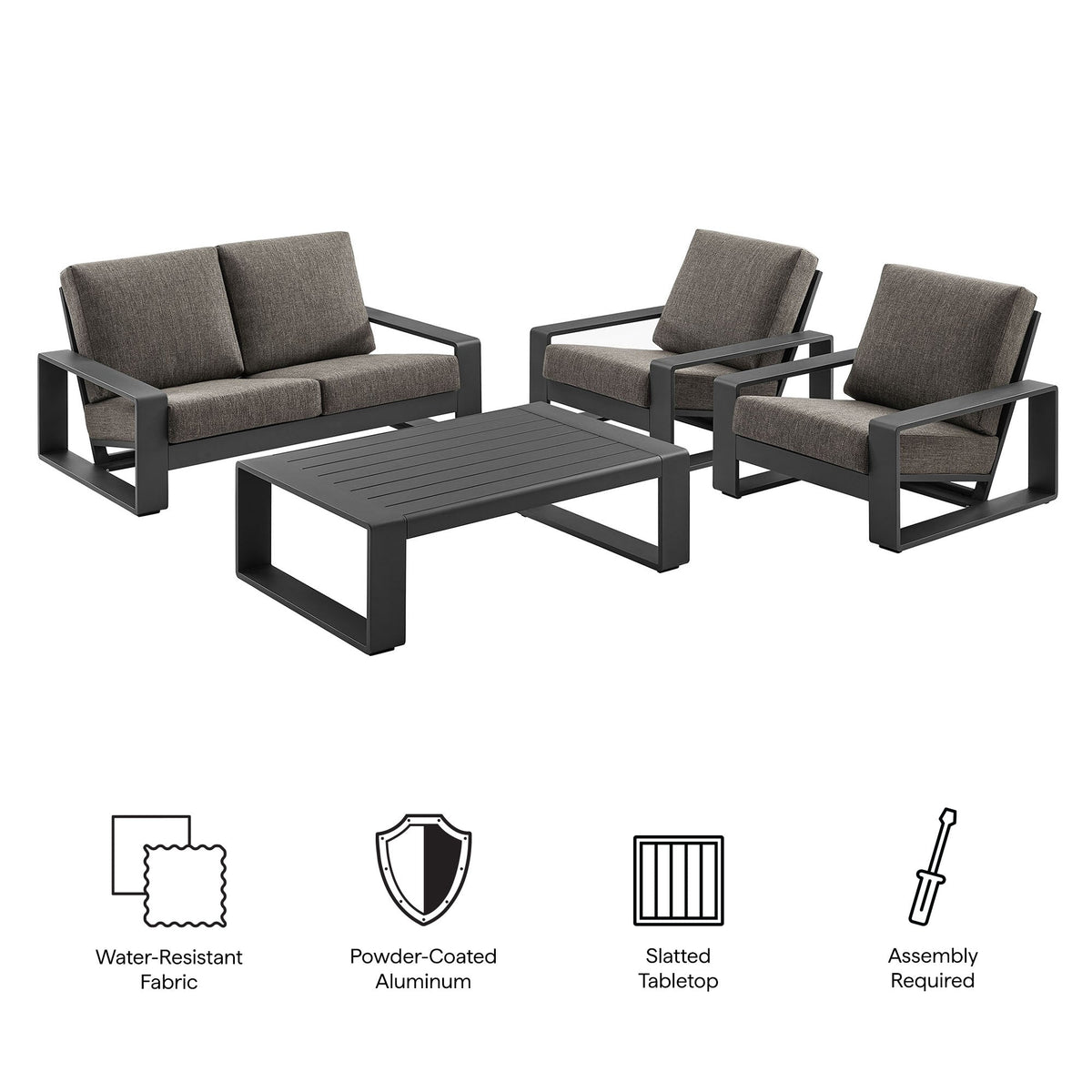Lirienne 4-Piece Outdoor Aluminum Set with sofa and chairs, gray frame, brown cushions on Tampa Home & Garden Store