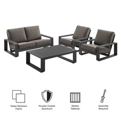 Lirienne 4-Piece Outdoor Aluminum Set with sofa and chairs, gray frame, brown cushions on Tampa Home & Garden Store