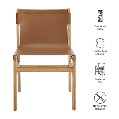 Sonora Leather Dining Side Chair by Modway, tan leather seat and back with teak wood frame on Tampa Home & Garden Store