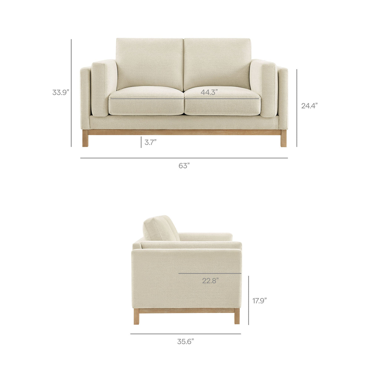 Roscoe 63 Inch Fabric Loveseat beige upholstery with wooden legs on Tampa Home & Garden Store