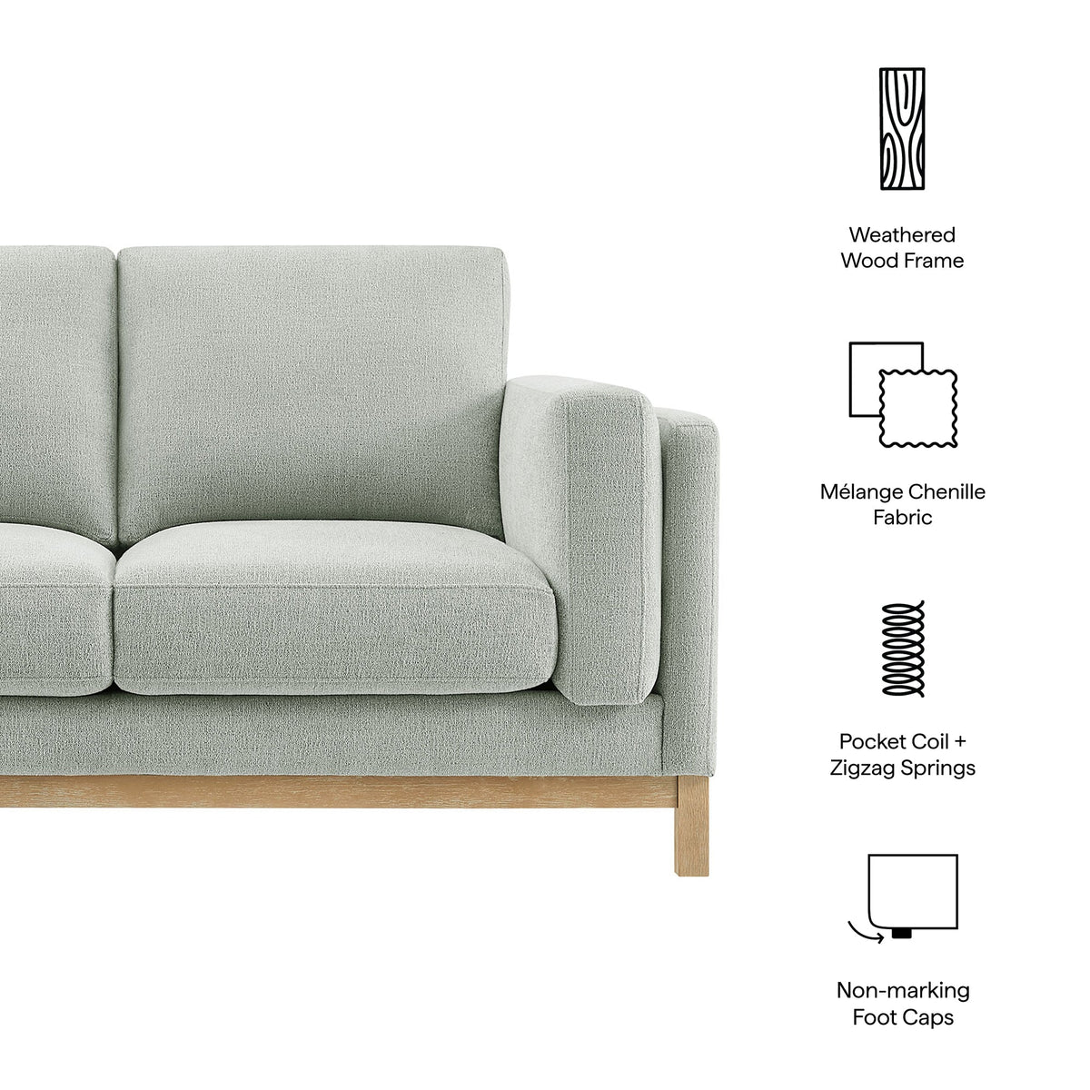 Roscoe 63-Inch Fabric Loveseat in Mélange Chenille gray fabric with weathered wood frame on Tampa Home & Garden Store