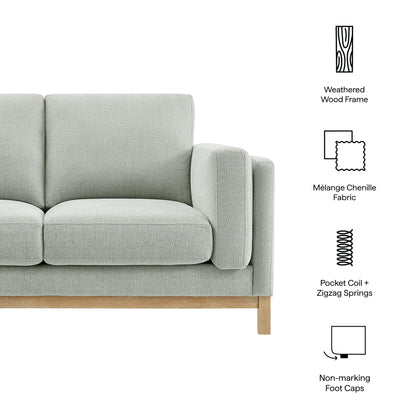 Roscoe 63-Inch Fabric Loveseat in Mélange Chenille gray fabric with weathered wood frame on Tampa Home & Garden Store