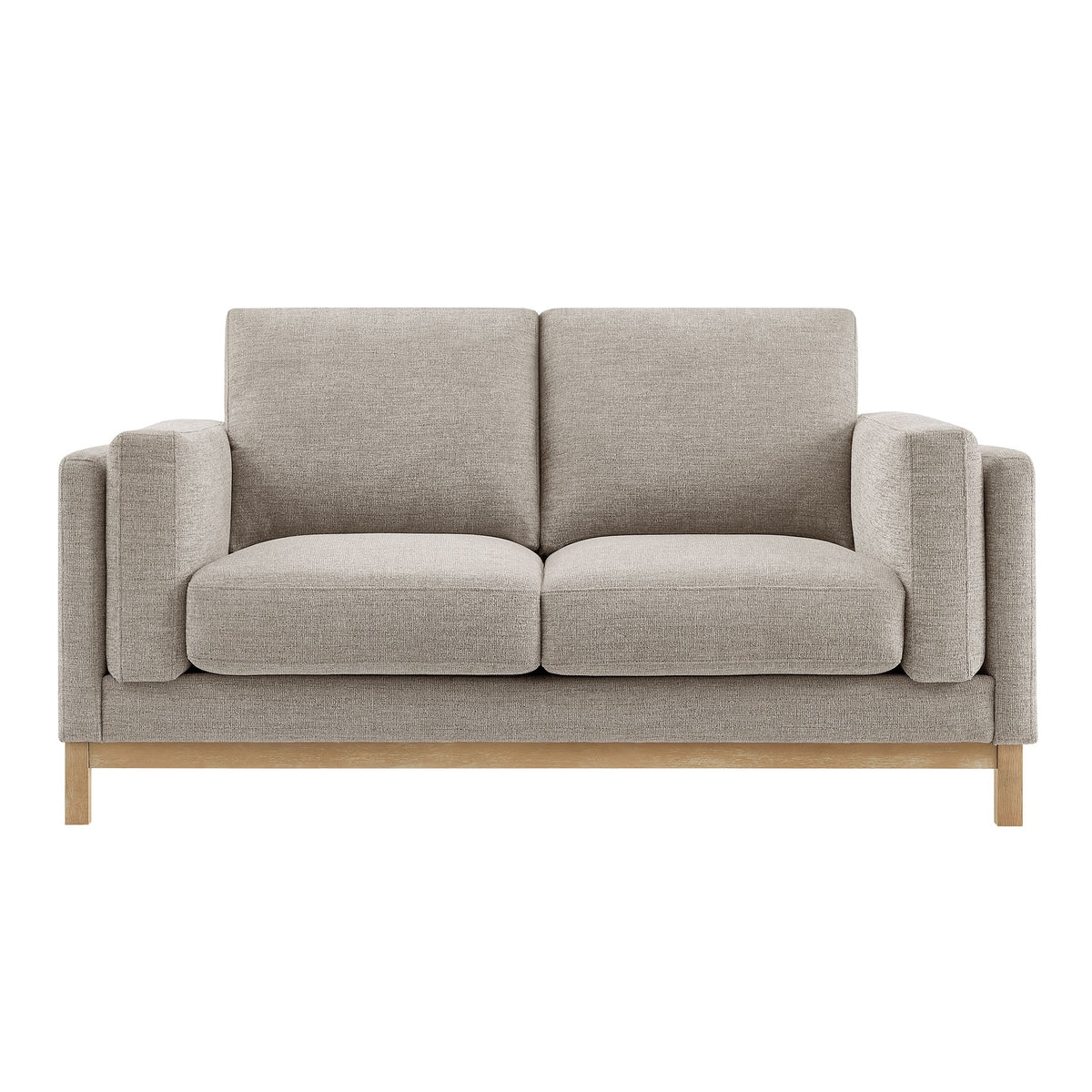 Roscoe 63 Inch Fabric Loveseat in taupe with cushioned back and arms plus wooden legs on Tampa Home & Garden Store