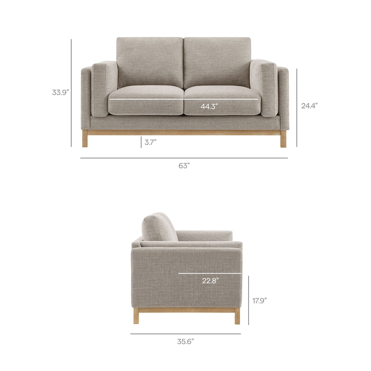 Roscoe 63-Inch Fabric Loveseat beige upholstery with wooden legs on Tampa Home & Garden Store