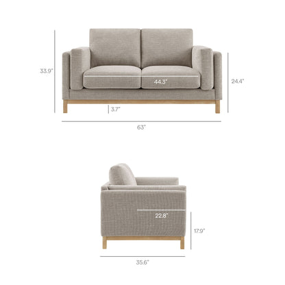 Roscoe 63-Inch Fabric Loveseat beige upholstery with wooden legs on Tampa Home & Garden Store