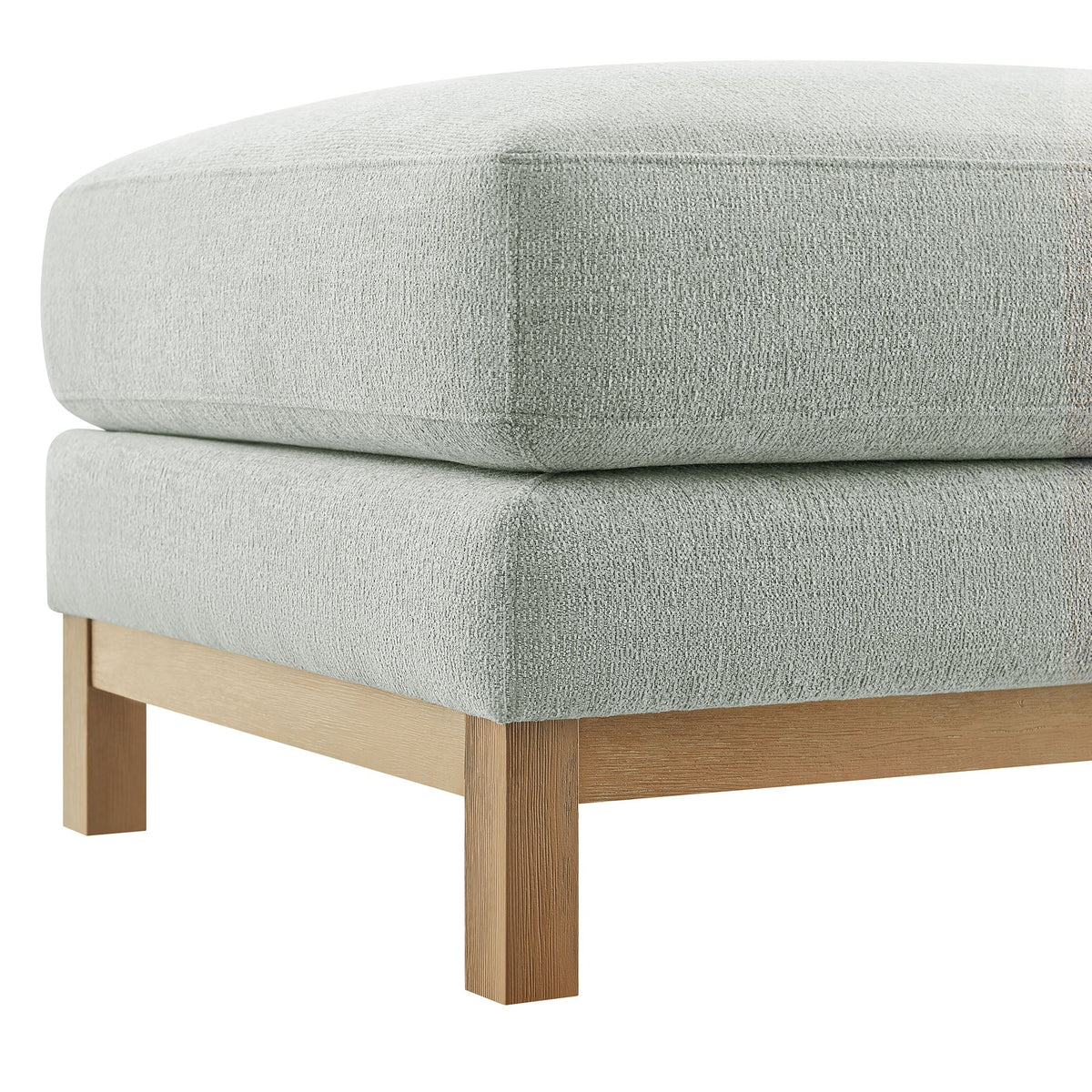 Roscoe Fabric Ottoman in light gray woven fabric with natural wood legs on Tampa Home & Garden Store
