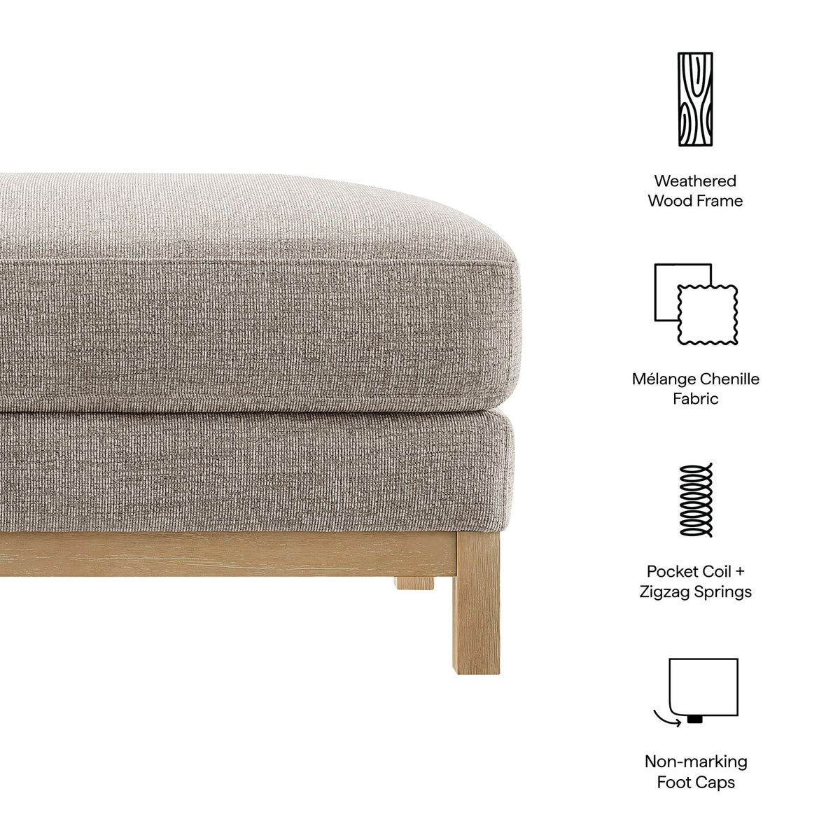 Roscoe Fabric Ottoman by Modway in Mélange Chenille fabric with weathered wood frame on Tampa Home & Garden Store