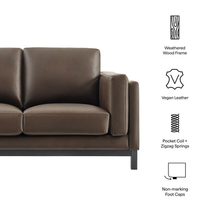 Roscoe 63 Inch vegan leather loveseat by HouseOfZazla in brown with weathered wood frame on Tampa Home & Garden Store