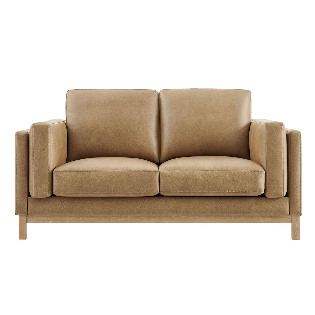 Roscoe 63 Inch vegan leather loveseat in tan with two-seat cushions and wooden legs on Tampa Home & Garden Store