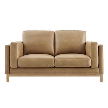 Roscoe 63 Inch vegan leather loveseat in tan with two-seat cushions and wooden legs on Tampa Home & Garden Store