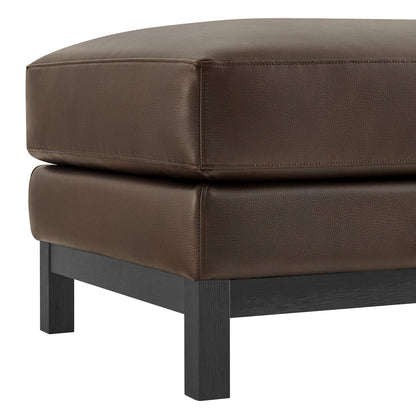 Roscoe vegan leather ottoman in warm brown with stitched panels and black wood legs on Tampa Home & Garden Store