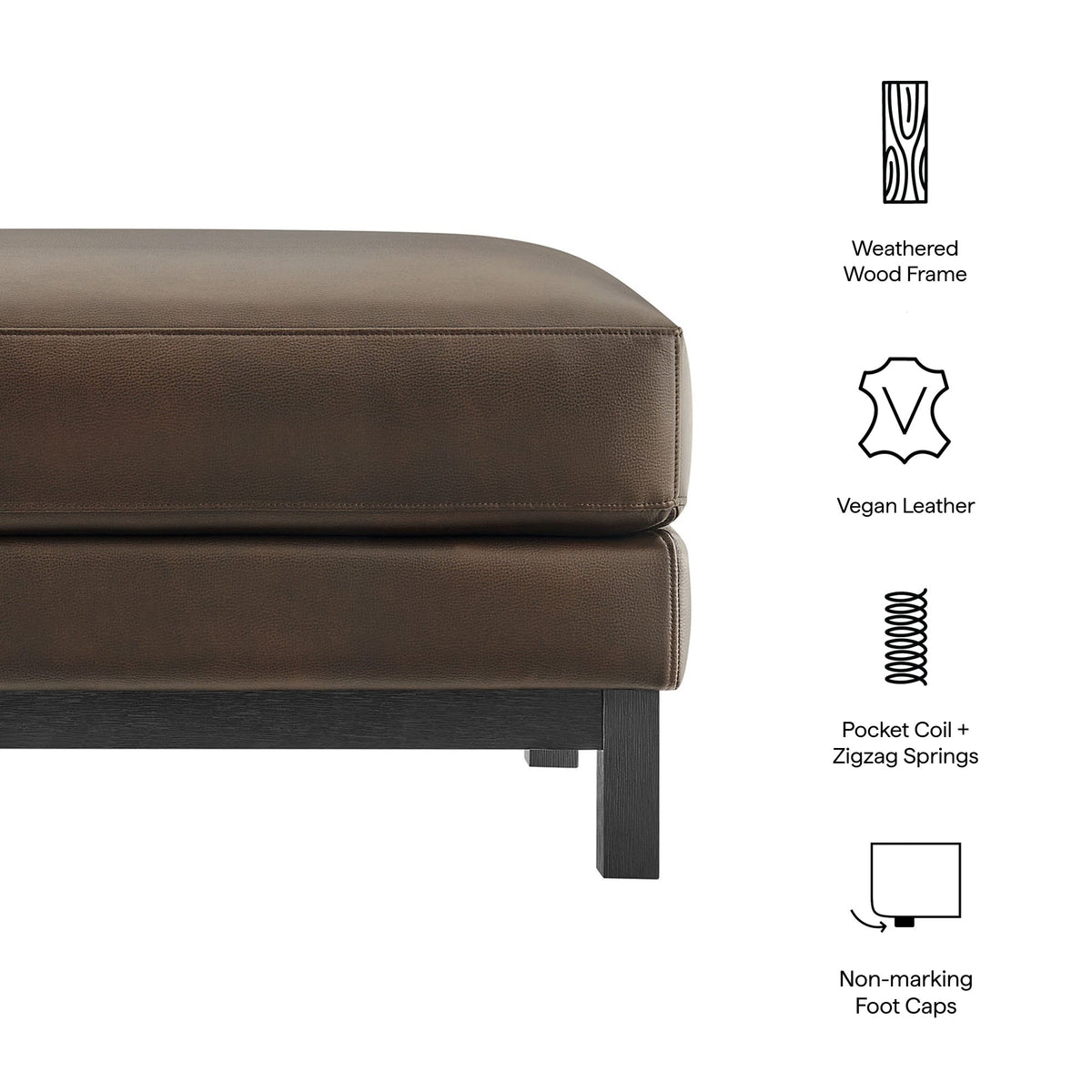 Roscoe Vegan Leather Ottoman by Modway, brown leather with dark wood frame on Tampa Home & Garden Store