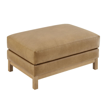 Roscoe vegan leather ottoman tan with light wood legs stacked cube design on Tampa Home & Garden Store
