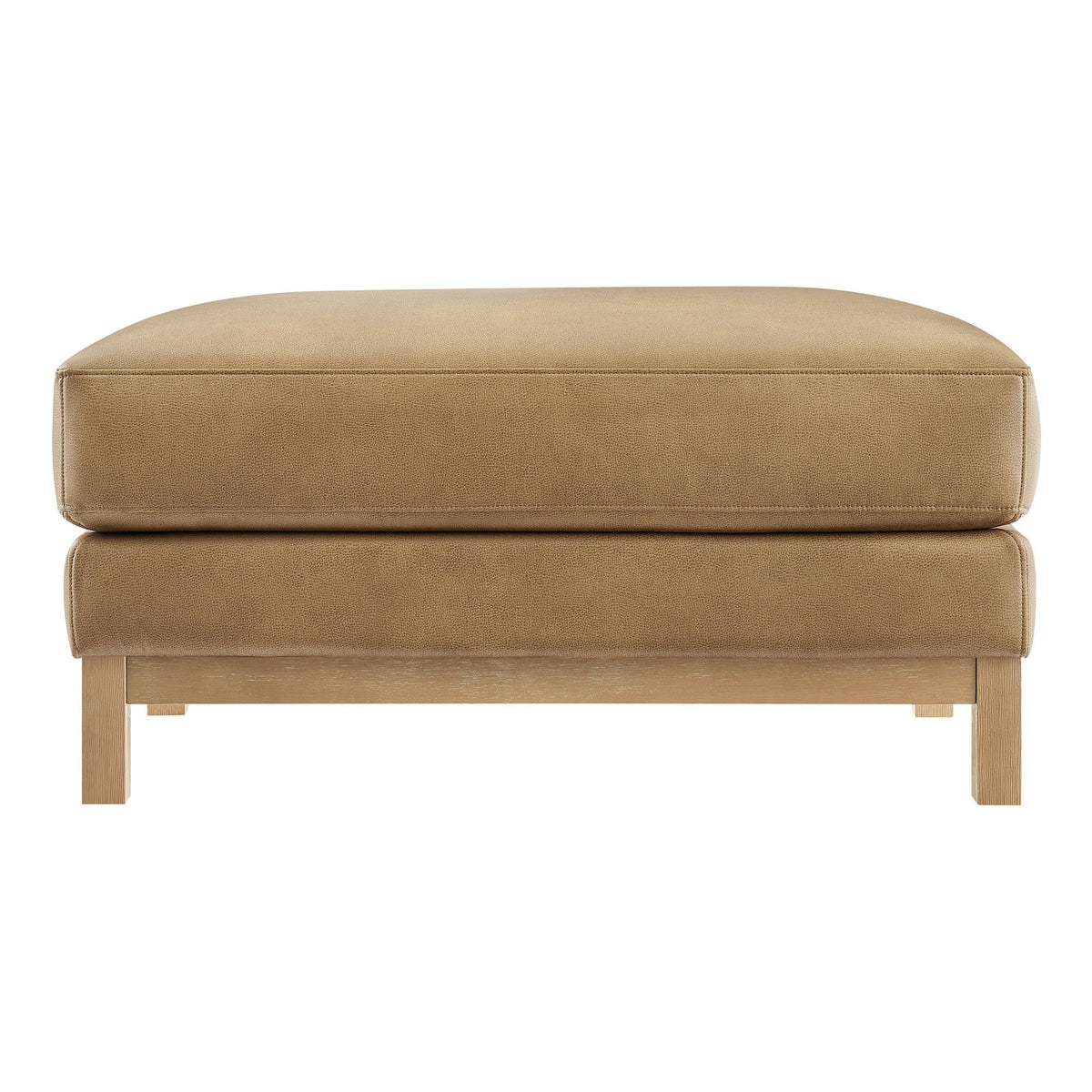 Roscoe vegan leather ottoman with tan upholstery and wooden legs on Tampa Home & Garden Store