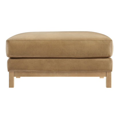 Roscoe vegan leather ottoman with tan upholstery and wooden legs on Tampa Home & Garden Store